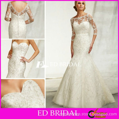 Beaded Trumpet/Mermaid Strapless Sweetheart Court Train Lace Designer Wedding Dress Pattern 2012 with 3/4 Sleeves Jacket